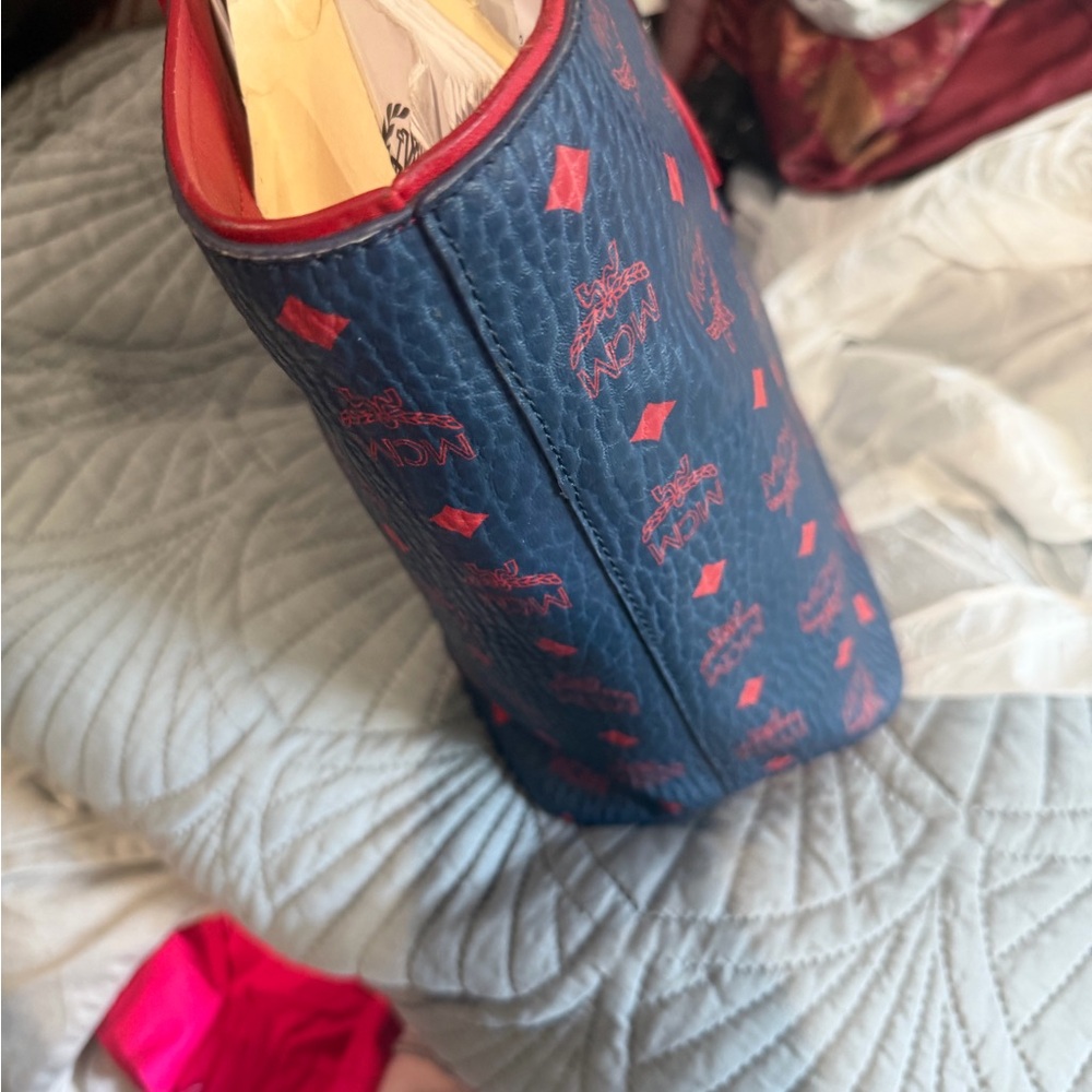 MCM Navy Visetos Canvas Tote with Red Trim and Handles - Picture 3 of 13